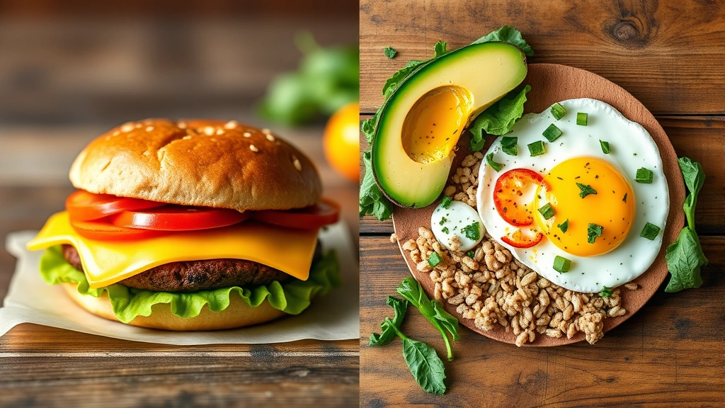 Split-screen comparison of fast food breakfast sandwich versus homemade whole grain breakfast with eggs, avocado, and fresh vegetables on wooden surface, natural lighting, healthy food styling