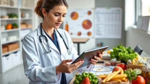 Professional dietitian analyzing chicken nutrition data on tablet in modern clinic setting, wearing white coat, surrounded by healthy food items and nutrition charts, natural lighting, contemporary office background