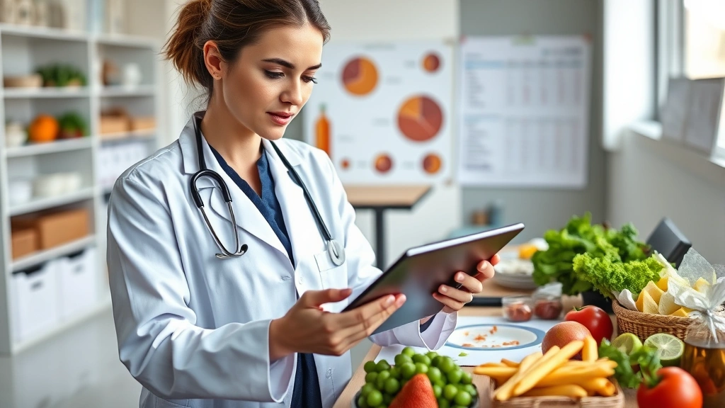 Professional dietitian analyzing chicken nutrition data on tablet in modern clinic setting, wearing white coat, surrounded by healthy food items and nutrition charts, natural lighting, contemporary office background
