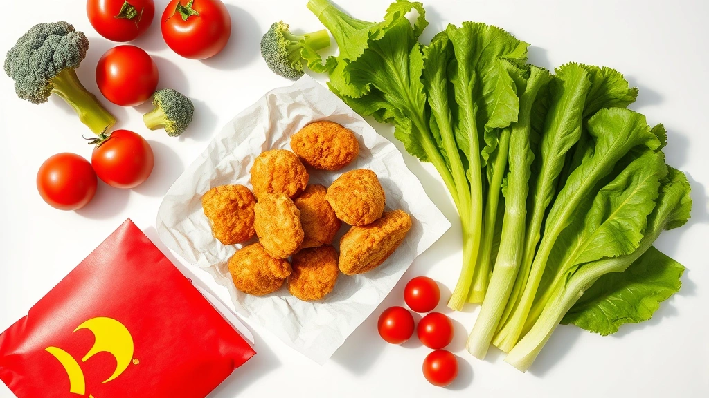 Overhead flat lay of McDonald's Chicken McNuggets on paper wrapper with fresh vegetables like broccoli, cherry tomatoes, and lettuce arranged nearby, bright natural light, clean minimalist composition