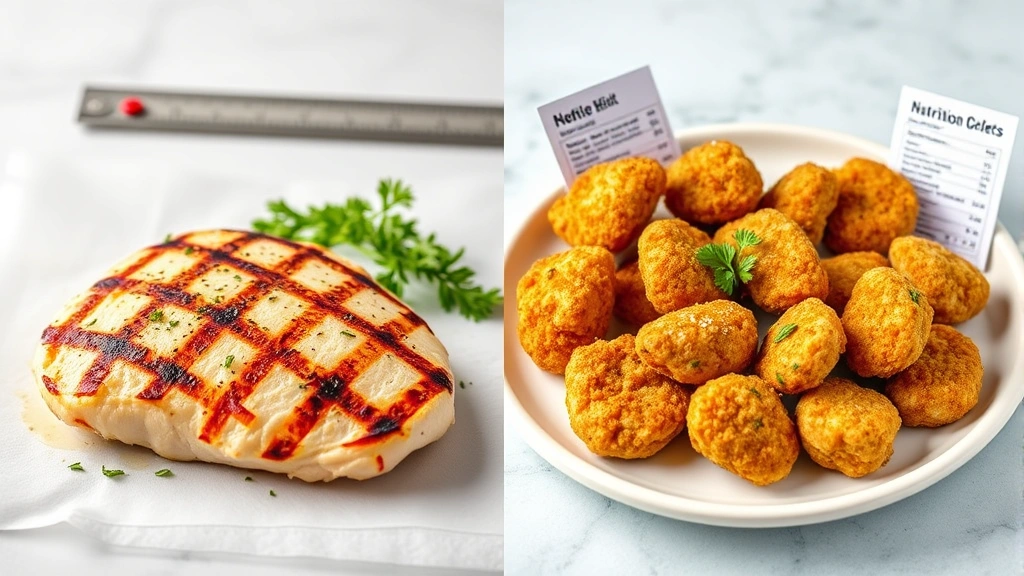 Split-screen comparison showing grilled chicken breast fillet on one side and processed chicken nuggets on other side, with measuring scale and nutrition reference cards visible, professional food photography, clinical lighting