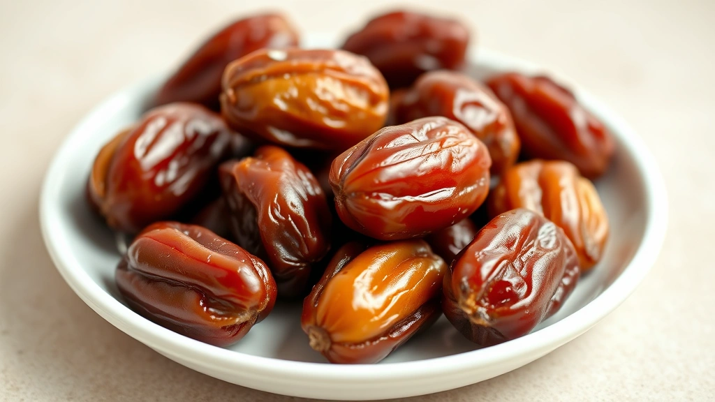 Close-up photograph of fresh medjool dates arranged on a white ceramic plate, showing rich caramel-brown color and glossy texture, with blurred neutral background, natural lighting highlighting fruit surface details and moisture