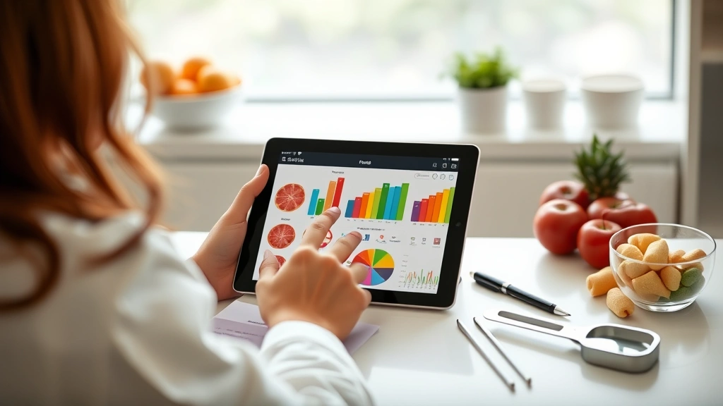 Nutritionist reviewing colorful food charts and mineral data on a digital tablet at a modern wellness clinic desk, with fresh dates and measuring tools visible, professional healthcare environment with soft natural lighting