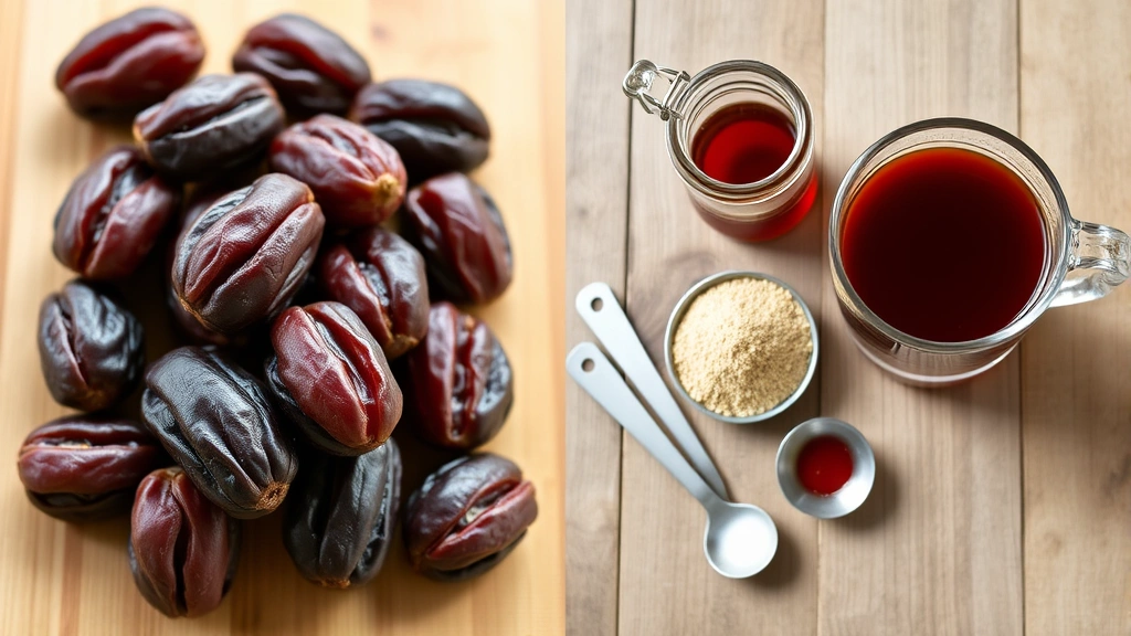 Split-screen comparison visual: fresh whole medjool dates on one side, date powder and date syrup in glass containers on the other side, arranged on wooden surface with measuring spoons, natural daylight photography