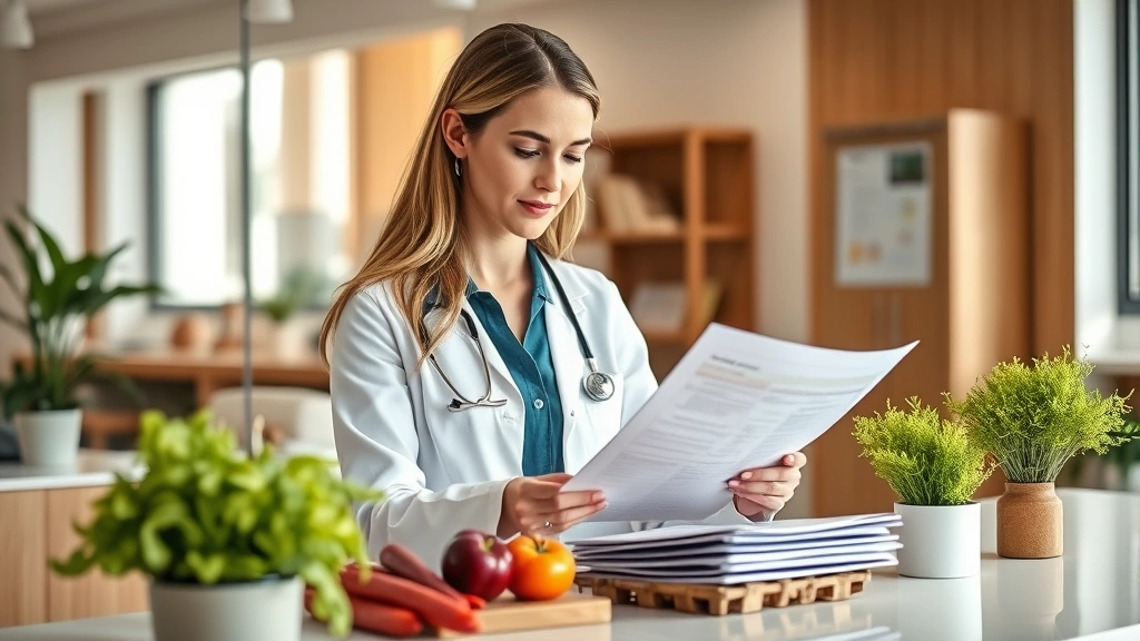 Professional female dietitian in modern clinic office reviewing nutrition documents and fresh vegetables on desk, natural lighting, warm professional atmosphere