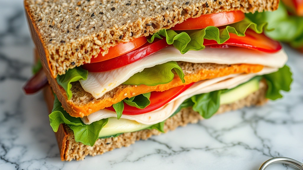 Close-up of artisanal sandwich with visible layers of fresh vegetables, lean turkey, and whole grain bread on marble surface, vibrant colors