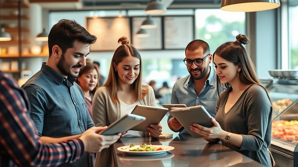 Health-conscious diners reviewing menu on tablets at casual restaurant counter with fresh ingredients visible in background, diverse group, modern aesthetic