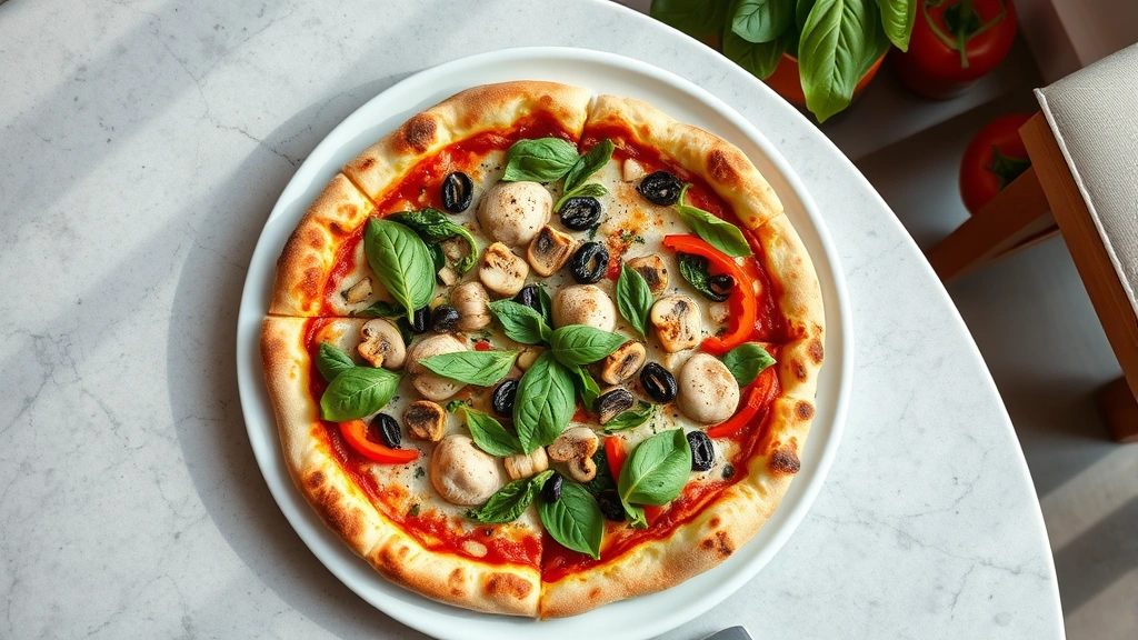 Overhead flat lay of a customizable pizza with diverse vegetable toppings including spinach, mushrooms, bell peppers, and fresh basil on a modern plate, vibrant natural lighting, contemporary restaurant setting