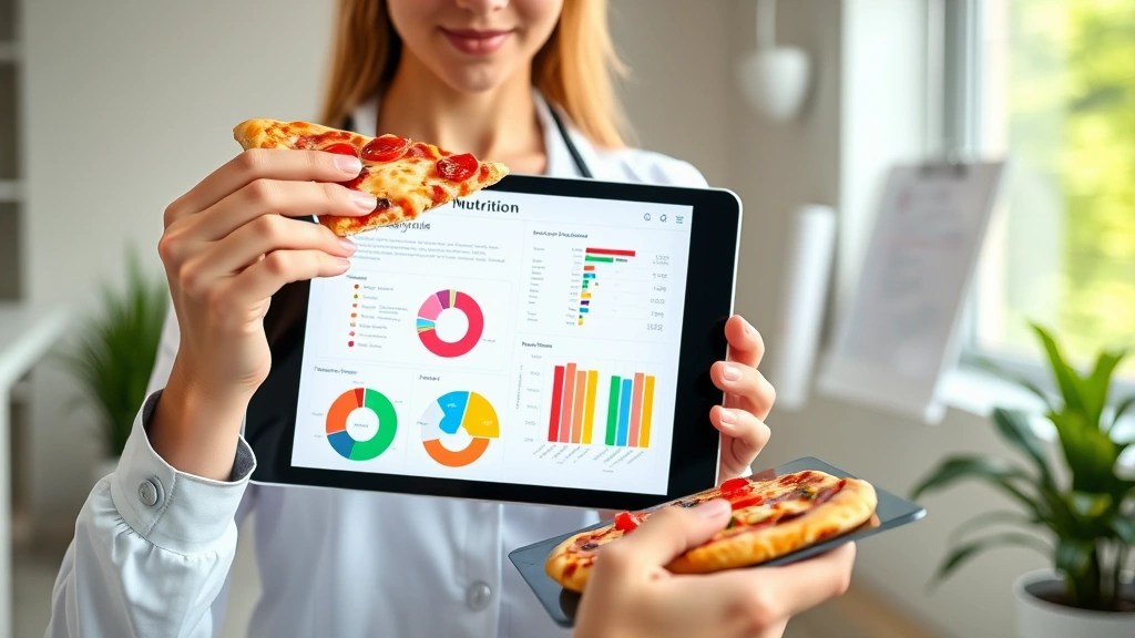 Nutritionist reviewing colorful food charts and macronutrient guides on tablet while holding a slice of thin-crust pizza, professional wellness environment, bright clinical lighting, no text visible on screen