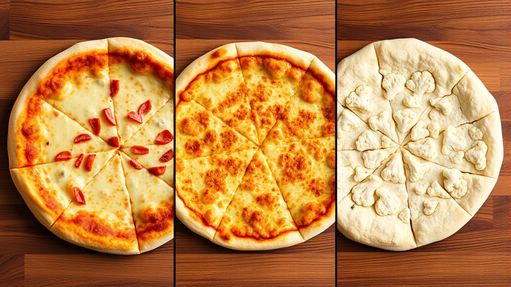 Split-screen comparison showing three different pizza crust types arranged side-by-side on wooden surface: traditional thick crust, thin crispy crust, and cauliflower crust alternative, natural daylight photography