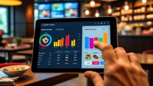 Digital nutrition tracking interface with colorful macronutrient breakdown charts on modern tablet device in restaurant setting, user selecting meal components
