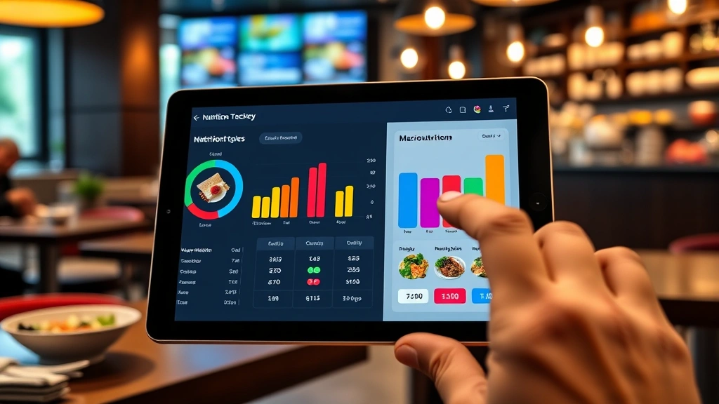 Digital nutrition tracking interface with colorful macronutrient breakdown charts on modern tablet device in restaurant setting, user selecting meal components