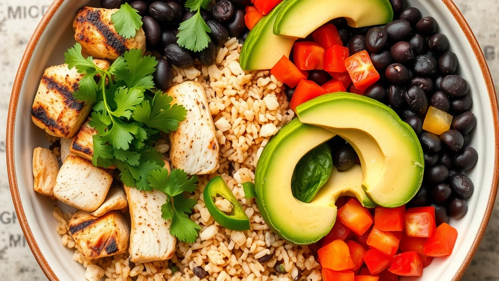 Diverse bowl of burrito ingredients displayed separately - grilled chicken, black beans, brown rice, fresh cilantro, diced peppers, avocado - vibrant healthy colors, overhead perspective