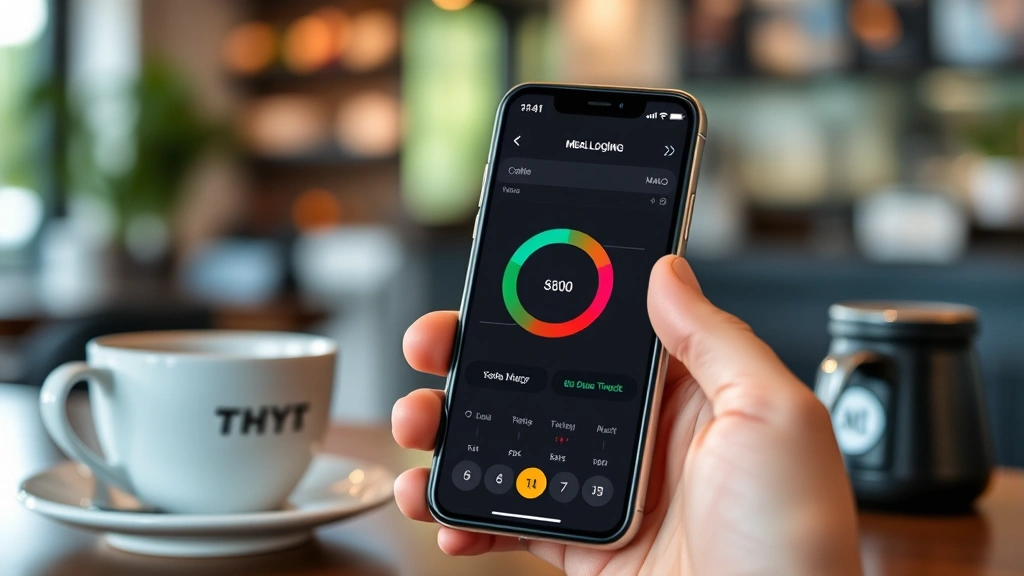 Fitness app dashboard on smartphone showing meal logging and macro tracking with circular progress rings, coffee shop background, modern health-conscious aesthetic