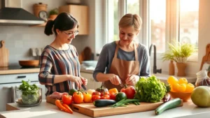 A warm kitchen scene showing a mother preparing colorful vegetables and fresh ingredients at a wooden cutting board, natural sunlight streaming through windows, professional food photography style, no text or labels visible
