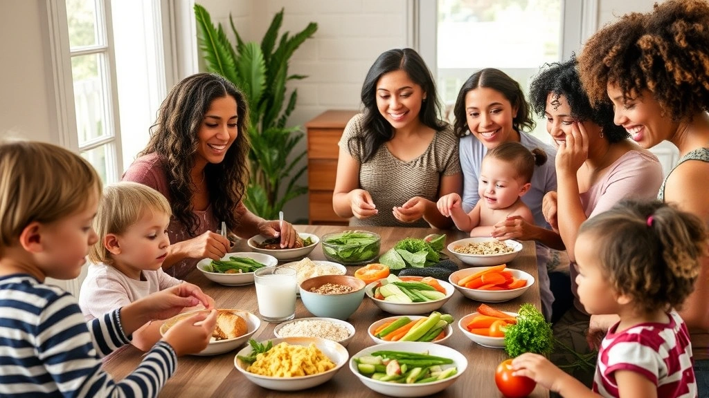 A diverse group of mothers and children gathered around a table sharing a balanced meal with vegetables, whole grains, and proteins, warm and inclusive atmosphere, natural lighting, genuine candid moment