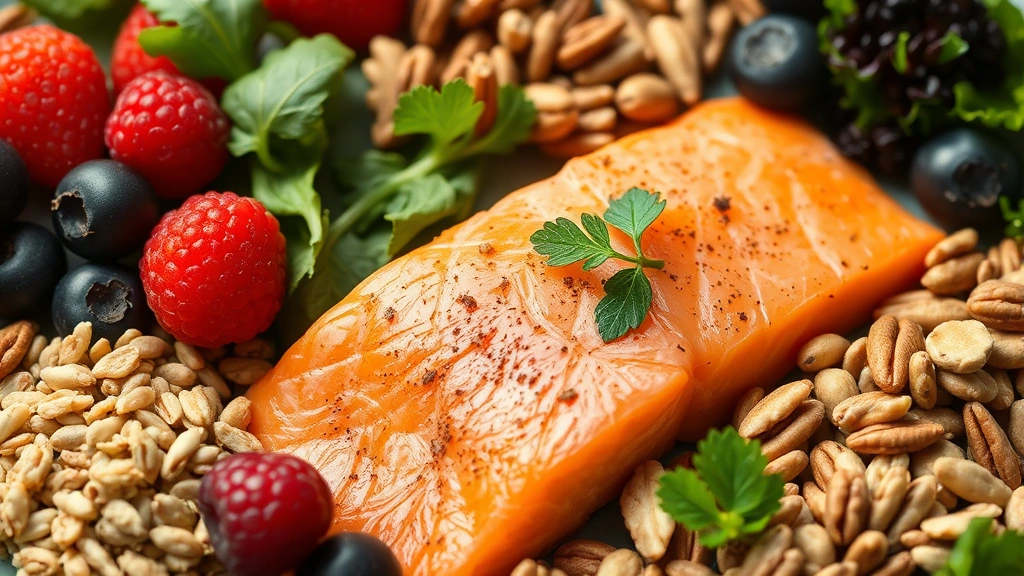 Close-up of nutritious foods arranged on a plate including salmon, leafy greens, berries, nuts, and whole grains, professional food styling, well-lit, appetizing presentation without any visible text