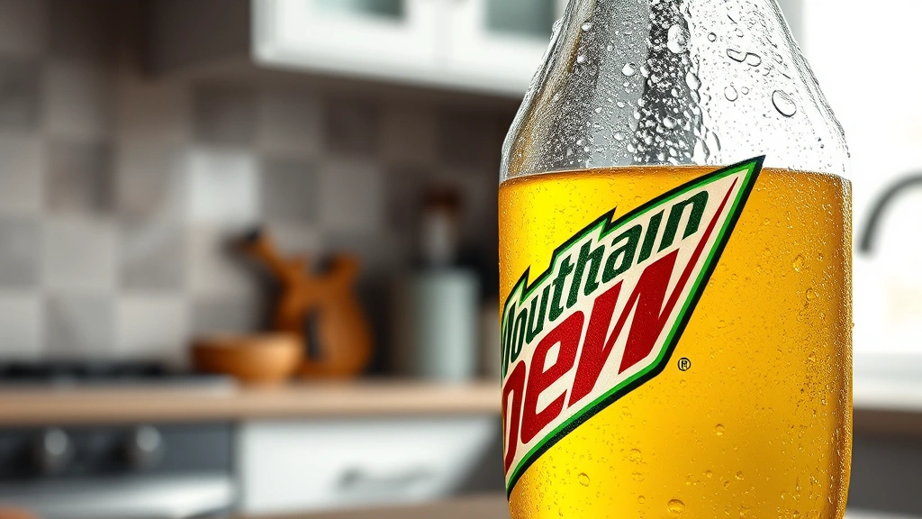 Photorealistic close-up of a condensation-covered Mountain Dew bottle against a blurred kitchen counter background, golden-yellow citrus beverage visible through glass, natural lighting from window, professional product photography style, no labels or text visible