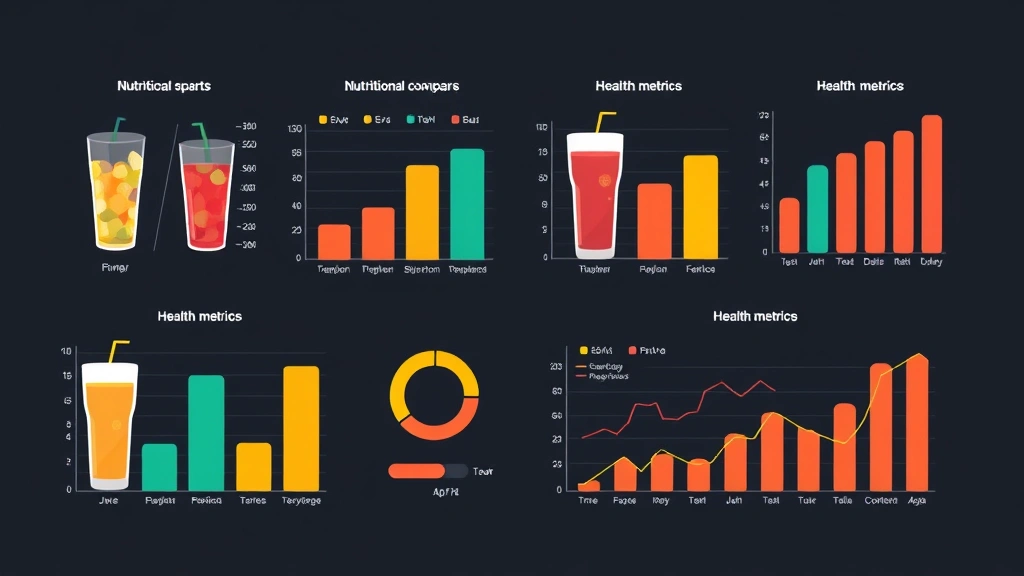 Digital illustration showing nutritional comparison charts and health metrics, abstract colorful graphs and data visualization elements on dark background, modern minimalist design, no actual text or numbers, representing beverage analysis concept