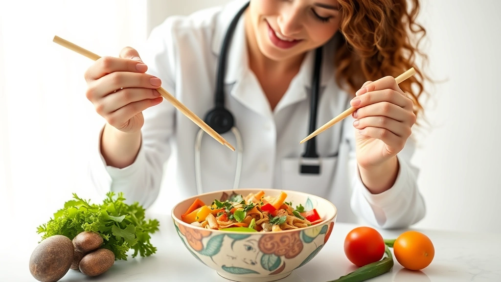 Professional dietitian reviewing colorful noodle bowl with fresh vegetables and chopsticks on modern white table, natural lighting, health-focused composition