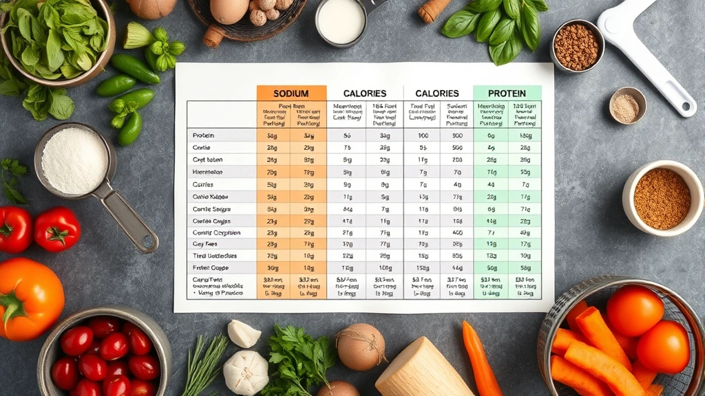 Overhead flat lay of nutritional comparison charts showing sodium, calories, and protein content with measuring tools and fresh ingredients scattered around