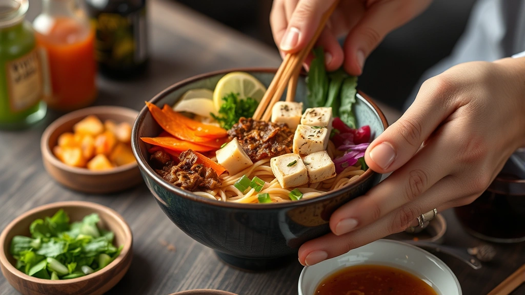 Close-up of hands customizing a noodle bowl with various fresh vegetables, tofu, and sauce bottles visible, vibrant food styling, professional food photography