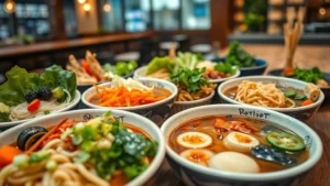 Close-up of diverse noodle bowls with vibrant vegetables, proteins, and broths in modern restaurant setting, warm professional lighting, appetizing food styling