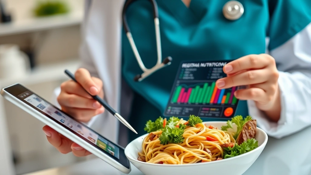 Registered dietitian reviewing nutritional information on tablet while examining noodle dish components, professional healthcare environment, detailed focus on analysis