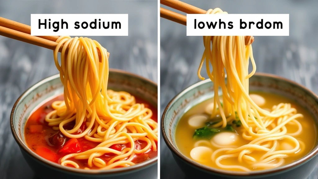 Split-screen comparison showing high-sodium versus low-sodium noodle preparations, clear visual distinction between sauce-heavy and broth-based options, clean modern aesthetic
