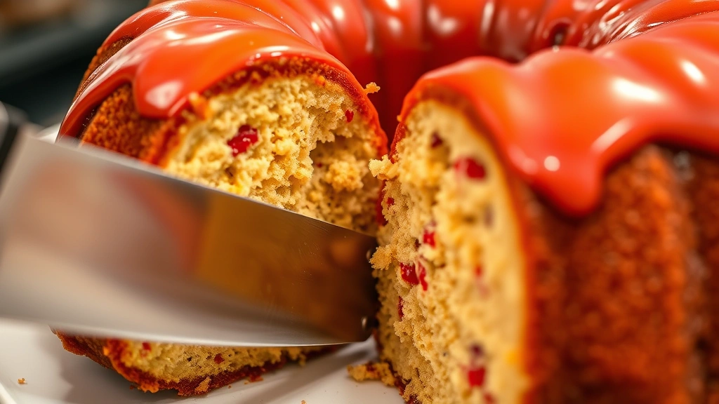 Close-up of a vibrant bundt cake being sliced, showing the moist interior crumb structure and glossy frosting, warm bakery lighting, shallow depth of field focusing on the knife cutting through the cake layers
