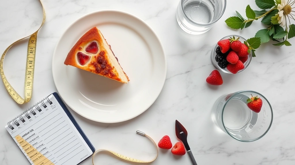 Overhead flat lay composition of nutritional analysis elements: a slice of bundt cake on a white plate, measuring tape, notebook with nutrition data, fresh berries, and a glass of water arranged symmetrically on a marble surface