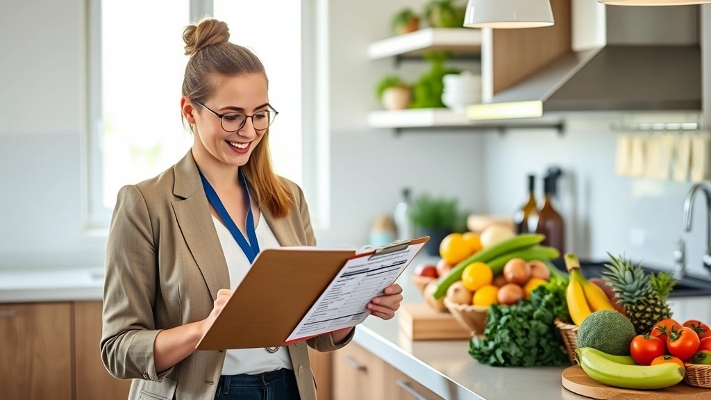 A registered dietitian in professional attire reviewing nutrition facts labels on a clipboard while standing in a modern kitchen with fresh fruits and vegetables on the counter, natural window lighting, professional and approachable atmosphere