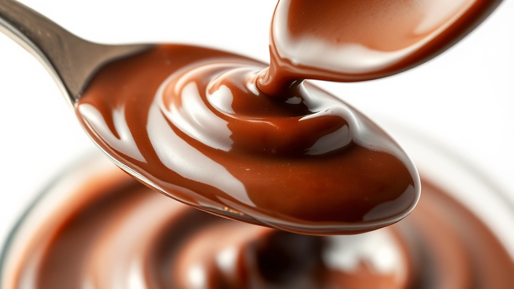 Close-up of a spoon with chocolate-hazelnut spread dripping, showing texture and glossy sheen, photographed against white background with soft natural lighting, food photography style