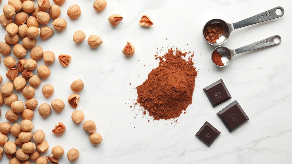 Flat lay composition of hazelnuts, cocoa powder, dark chocolate pieces, and measuring spoons arranged on marble surface, minimalist nutritional ingredient visualization
