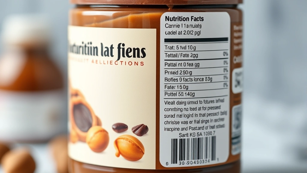 Nutrition facts label and ingredient list in sharp focus with blurred hazelnut spread jar background, professional food documentation style, digital media aesthetic