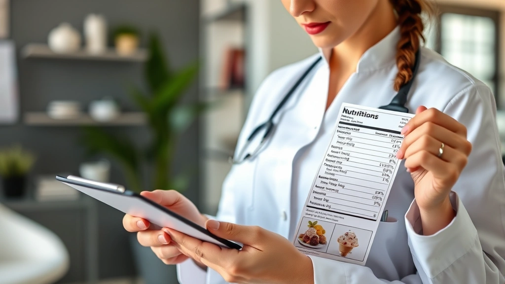Professional nutritionist reviewing ice cream product labels and nutrition facts on clipboard, modern wellness clinic setting, focused analytical expression, natural lighting, close-up detail of hands holding documentation