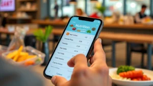 Close-up of person using smartphone with interactive nutrition calculator interface displayed on screen, colorful meal ingredients visible in background, modern casual dining environment