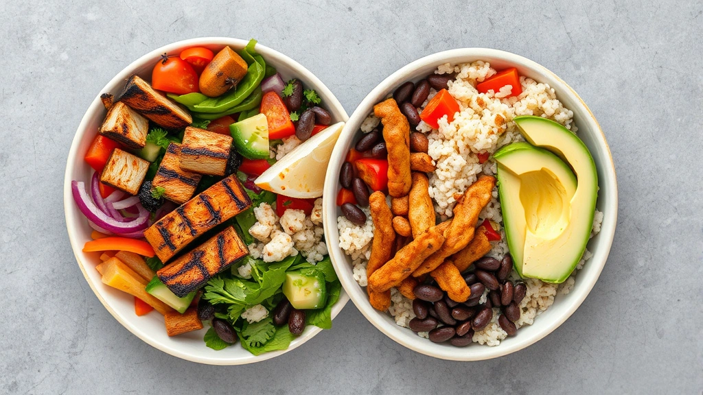 Overhead shot of diverse customizable burrito bowl with visible ingredients including grilled protein, fresh vegetables, beans, rice, and avocado, neutral modern plating surface