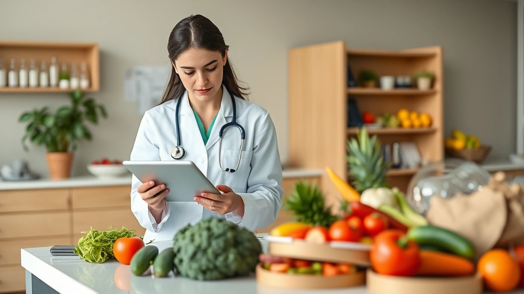 Registered dietitian in clinical setting reviewing nutritional data on tablet device, fresh vegetables and healthy foods arranged on desk, professional healthcare environment with natural lighting