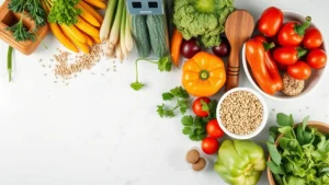 Overhead shot of colorful fresh vegetables and whole grains arranged on a modern kitchen counter with natural lighting, no text or labels visible