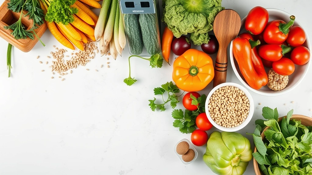 Overhead shot of colorful fresh vegetables and whole grains arranged on a modern kitchen counter with natural lighting, no text or labels visible