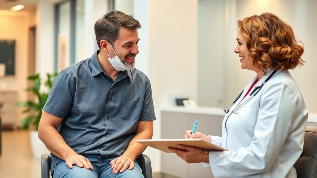 Registered dietitian conducting nutritional assessment with patient in modern healthcare clinic, professional taking notes, warm lighting, diverse patient, clipboard visible, healthcare setting background