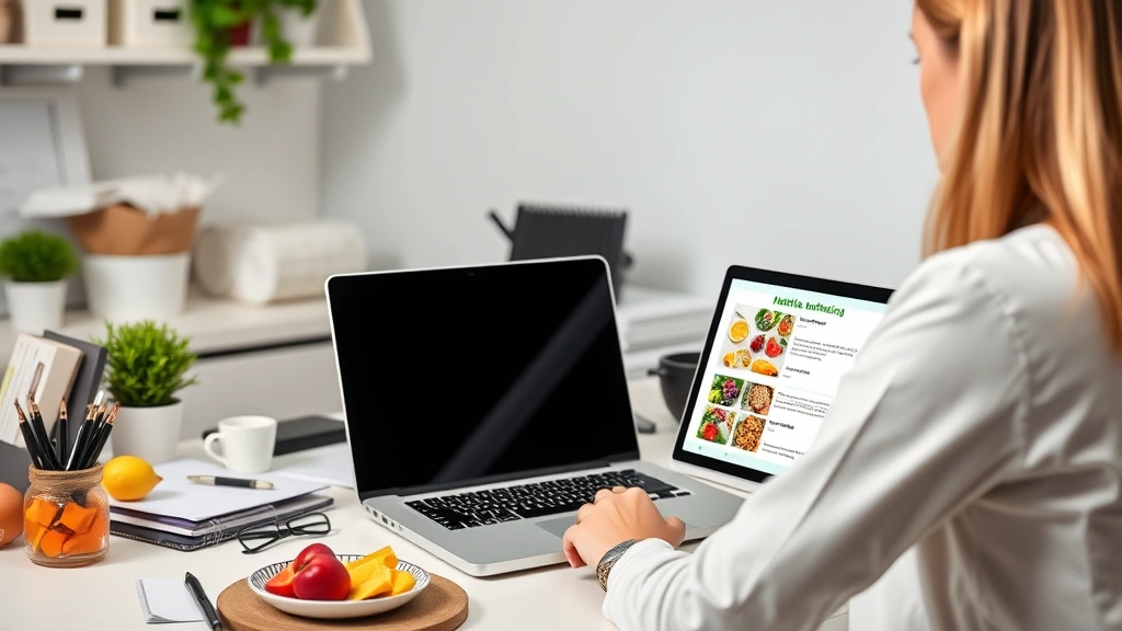 Nutrition professional creating personalized meal plan at desk with laptop, colorful food images on screen, organized workspace, professional environment, digital and physical nutrition materials visible