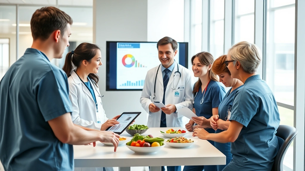 Healthcare team collaboration meeting with registered dietitian presenting nutrition data on tablet to doctors and nurses, diverse professionals, modern hospital setting, data visualization on screen