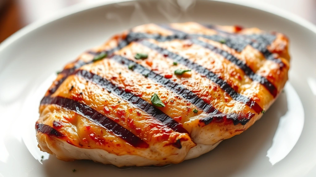 Close-up of a perfectly grilled chicken breast with visible grill marks and herbs, steam rising, on a clean white plate with soft natural lighting, photorealistic food photography