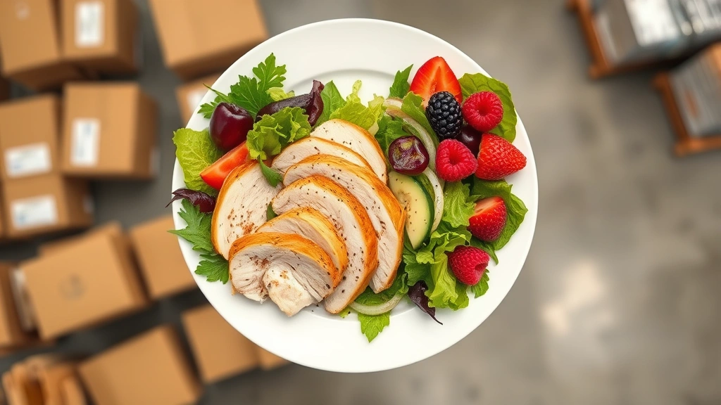 Overhead view of a balanced meal plate featuring sliced rotisserie chicken, fresh garden salad with vegetables, and fresh berries on a white plate in a warehouse setting