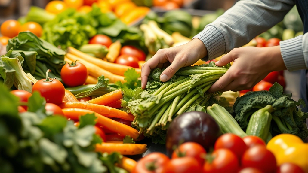 Close-up of a person's hands selecting fresh vegetables and fruits at a food service counter, showing intentional healthy food choices