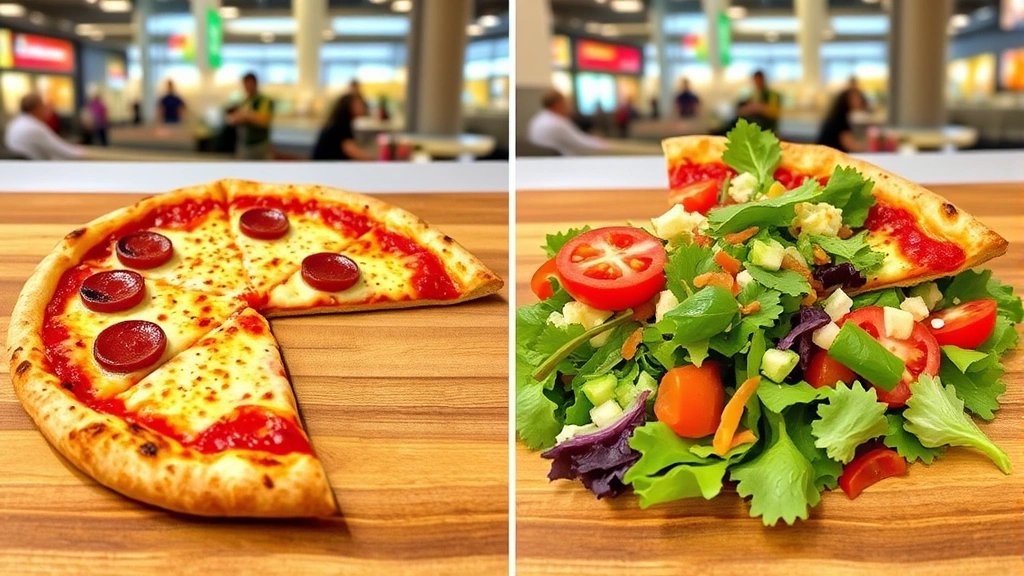Split-screen comparison showing a full pizza slice versus a single slice with fresh salad on the side, illustrating portion control strategies in a food court environment