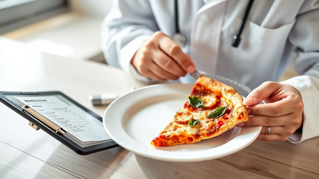Professional nutritionist reviewing pizza slice on white plate with measuring tape and nutrition label clipboard, natural lighting from window, digital tablet showing nutrition data visible