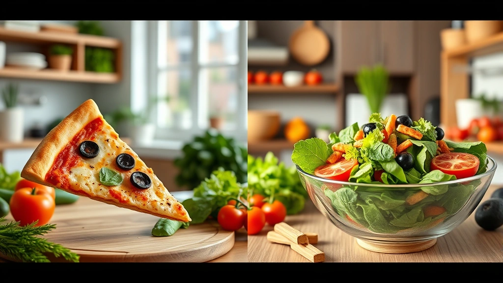 Split-screen comparison: Costco pizza slice on left side with whole wheat salad bowl on right, bright modern kitchen setting, fresh vegetables and healthy foods surrounding